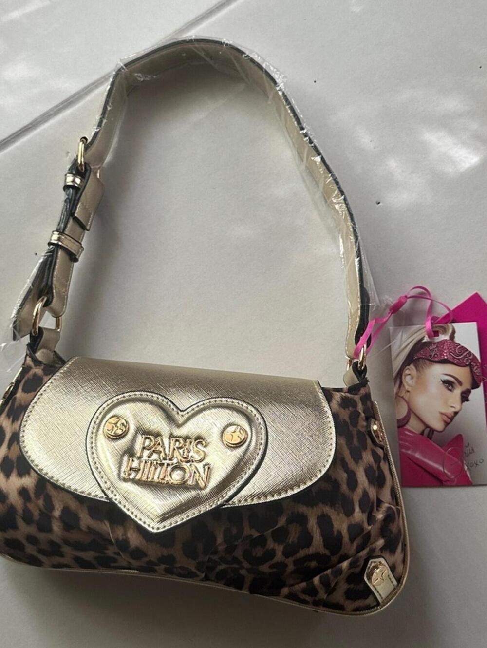 Paris Hilton New With Tags Leopard Print Gold Heart Baguette Shoulder Bag - Picture 12 of 15